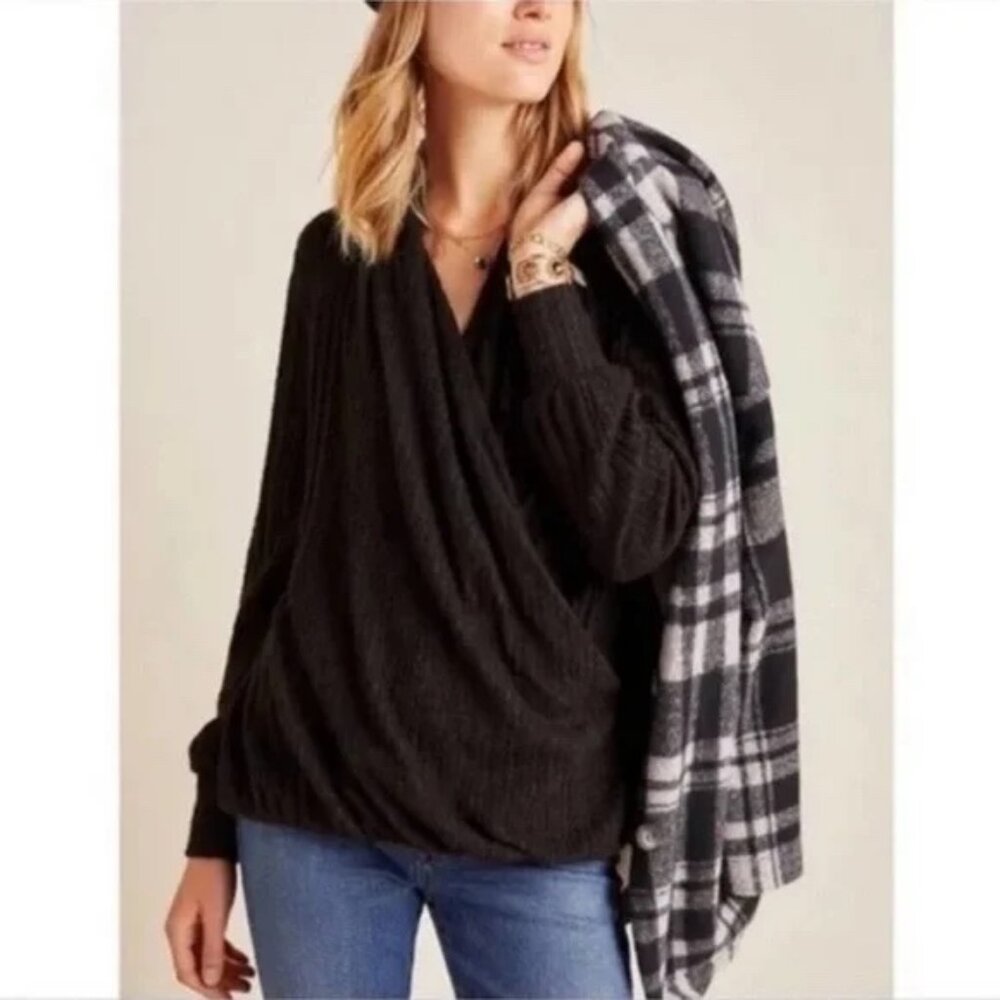 MAEVE | Anthropologie Rafela Hacci Charcoal Faux Wrap Surplice Sweater NWT